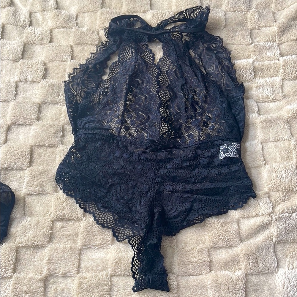Black Lace Halter Bodysuit Lingerie M